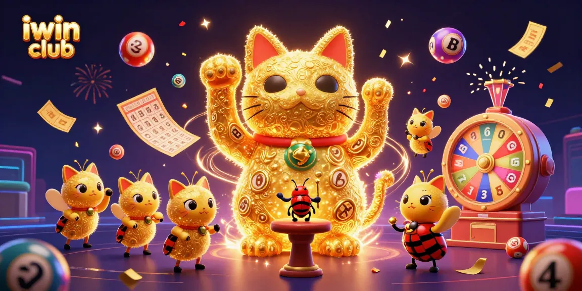 Experience the engaging iwin club atmosphere with a vibrant lucky cat and dynamic casino elements.