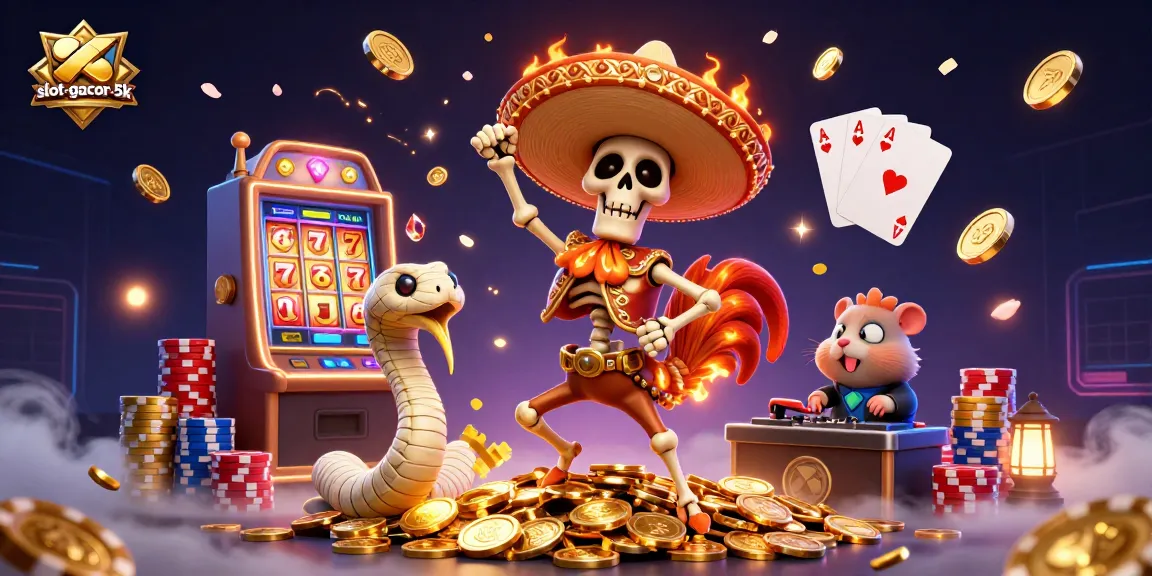 Experience thrilling wins with slot-gacor-5k as cartoon characters celebrate on golden coins and slot machines.