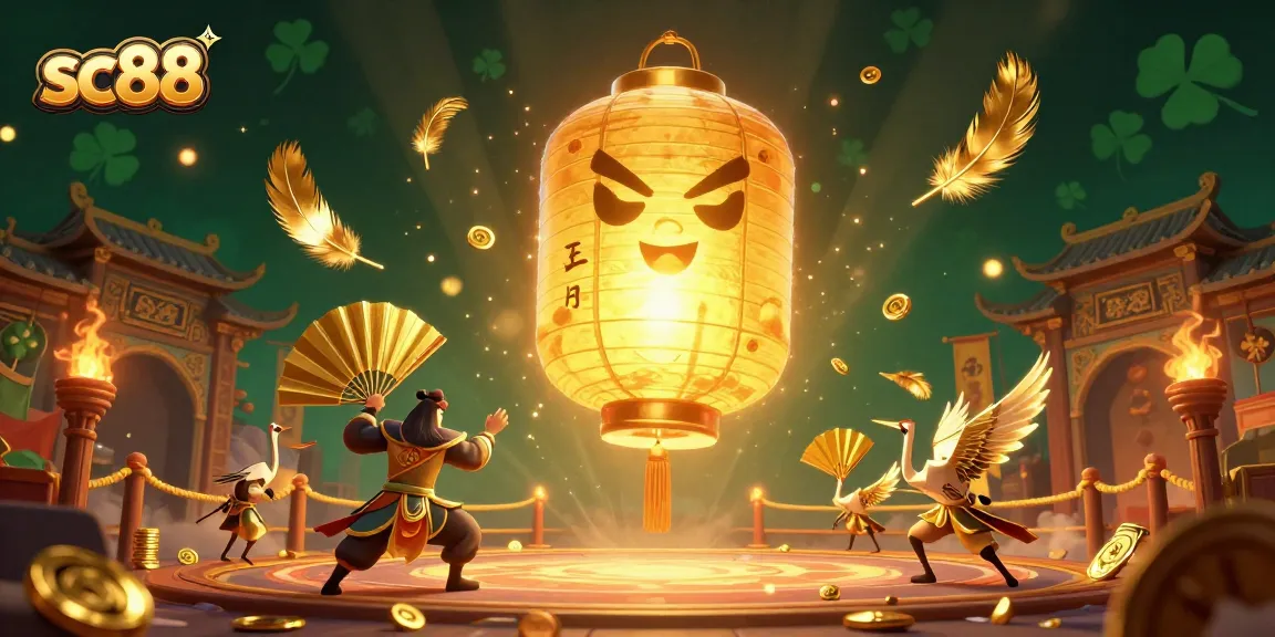 Engage with sc88 in an exciting casino scene featuring a golden lantern spirit and vibrant warriors.