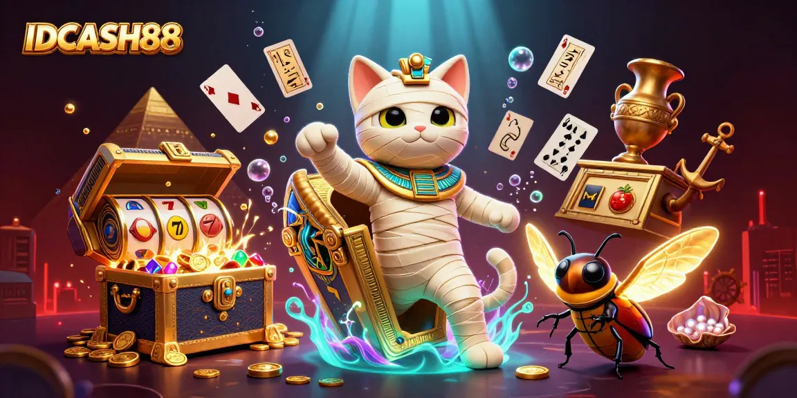 Spin and win with IDCASH88 in an immersive pyramid casino setting featuring vibrant slot symbols and mystical characters.
