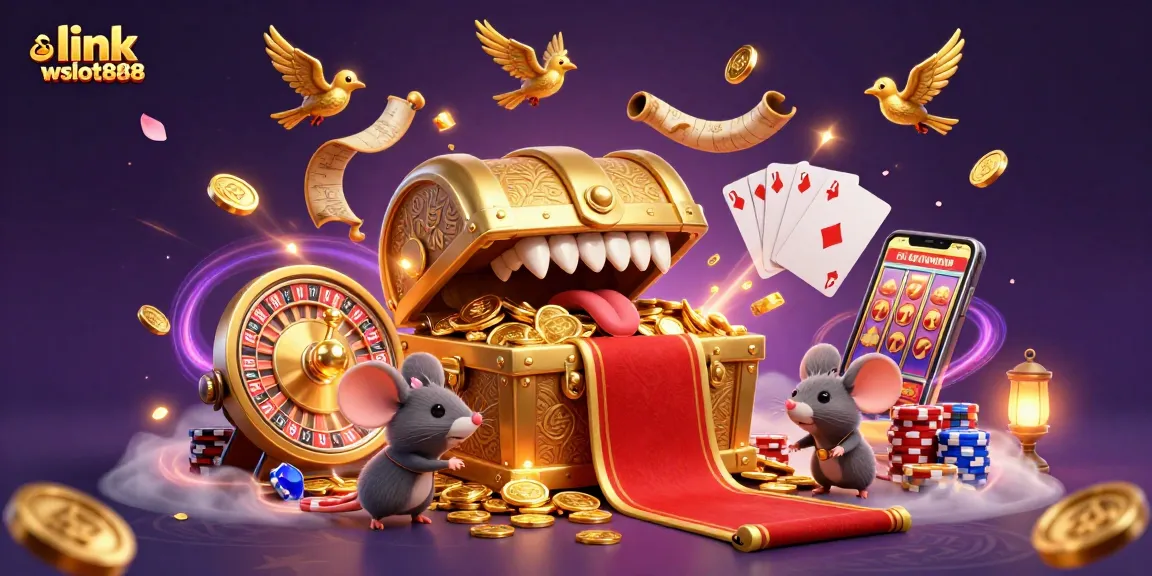 Menghadirkan keseruan permainan dengan link wslot888, chest harta karun dan simbol slot yang berkilauan.