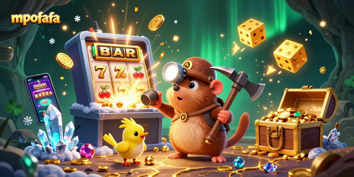 Experience thrilling gameplay with mpofafa featuring a treasure hunter in a vibrant casino scene filled with slots and treasures.