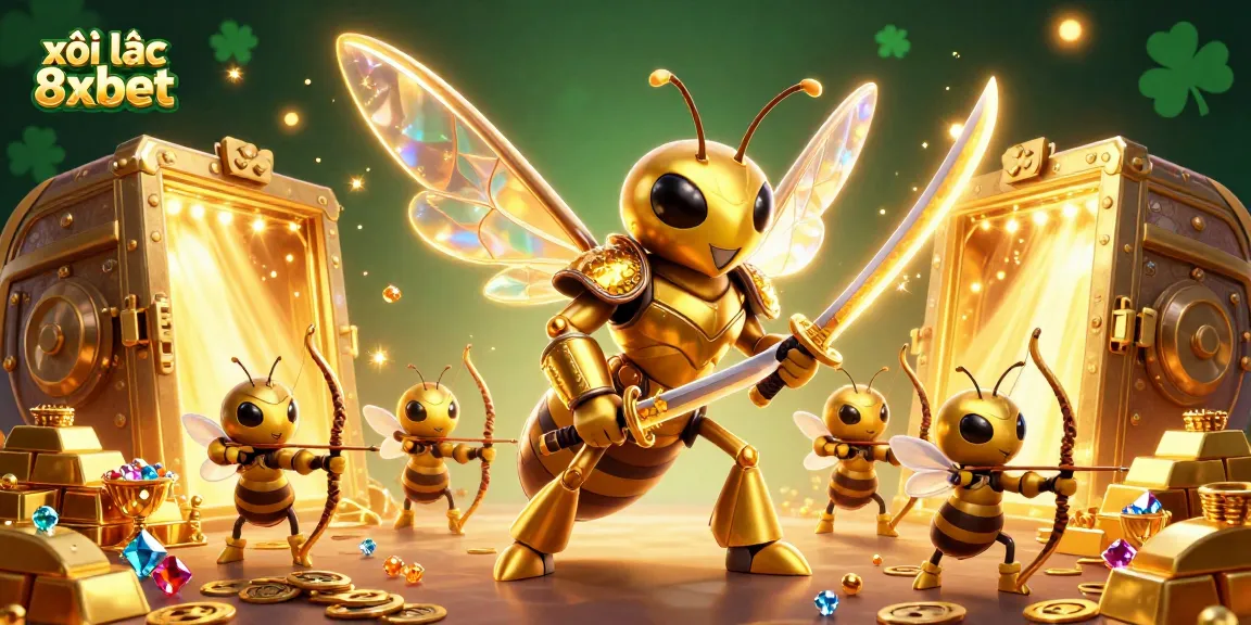 xôi lạc 8xbet promotes high-stakes action with a vibrant, detailed casino illustration full of treasures and excitement.