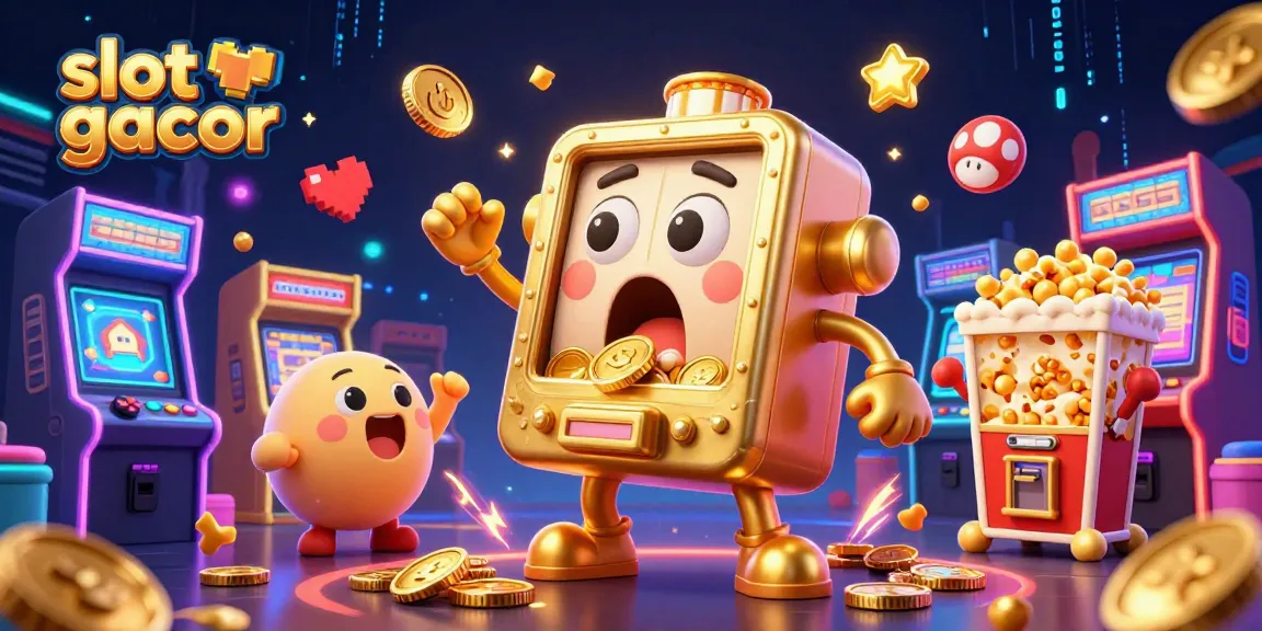 Slot gacor menang dengan mesin slot emas beraksi, dikelilingi permainan arcade berwarna-warni.