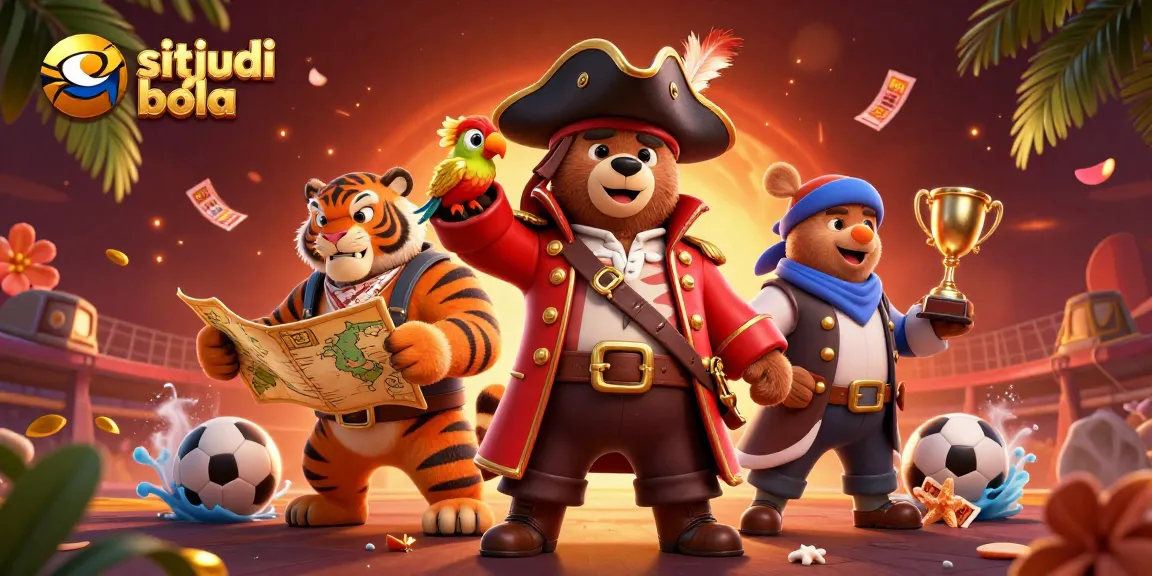 Bet on situs judi bola with a thrilling pirate adventure scene featuring sports elements and dynamic characters.